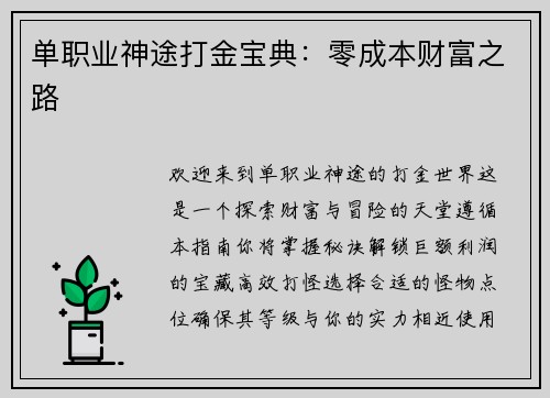 单职业神途打金宝典:零成本财富之路 单职业神途打金宝典:零成本财富之路